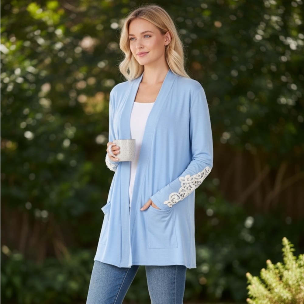 NEW• Jane Baby Blue Crochet Embroidered Sleeve Cardigan With Pockets•XL-2X